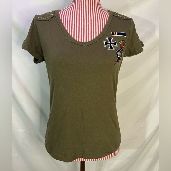 Y2K Grunge Top Army Green Studded Embroidered Patches Punk T-Shirt Sz Large - Picture 2 of 10